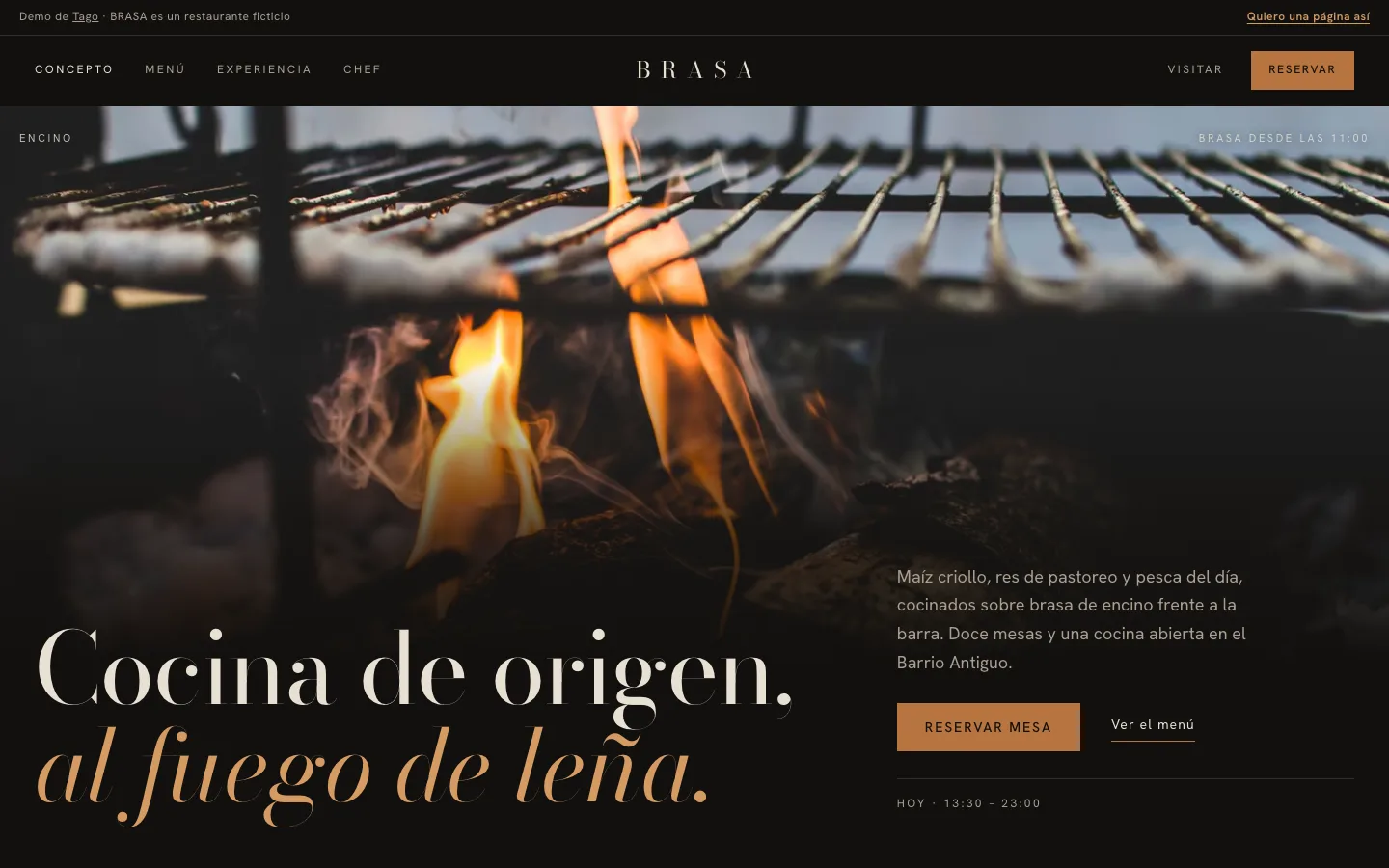 Página de BRASA, restaurante de cocina a la leña, diseñada por Tago Pages