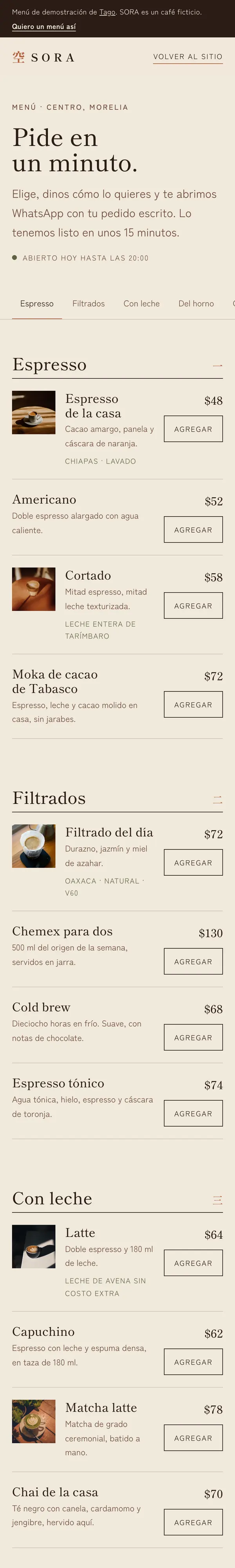 Menú digital de SORA, cafetería, desplazándose en un celular
